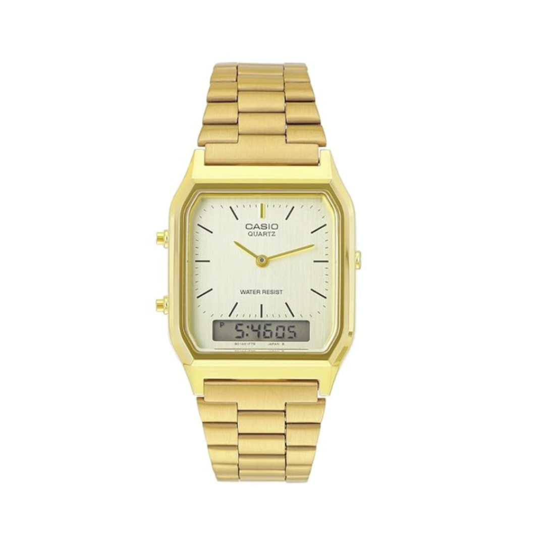 Casio AQ-230GA-9DMQD D341 | Vintage Unisex Quartz Gold Dial Analog-Digital Stainless Steel Watch