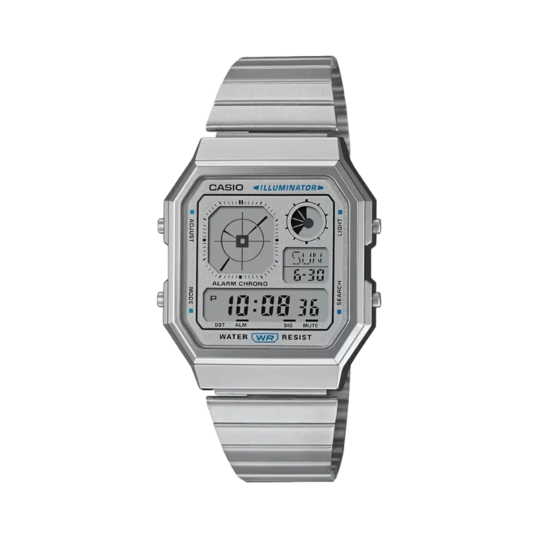 Casio A130WE-7ADF D389 | Vintage Unisex Quartz Silver Dial Digital Stainless Steel Watch