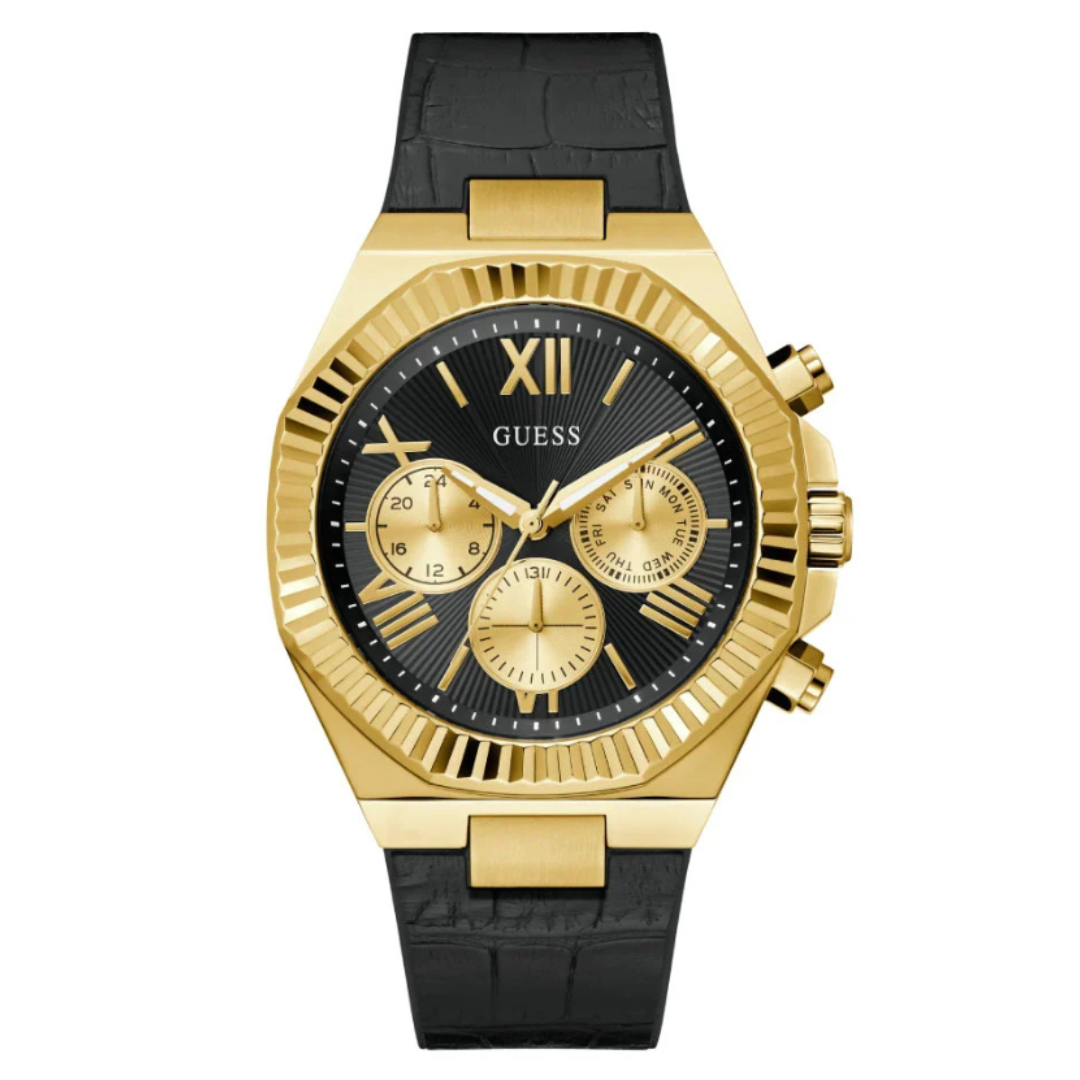 Guess GW0791G3 | Equity 44 mm Analogue Quartz Watch For Men's - Gold Dial with Black Silicone Strap