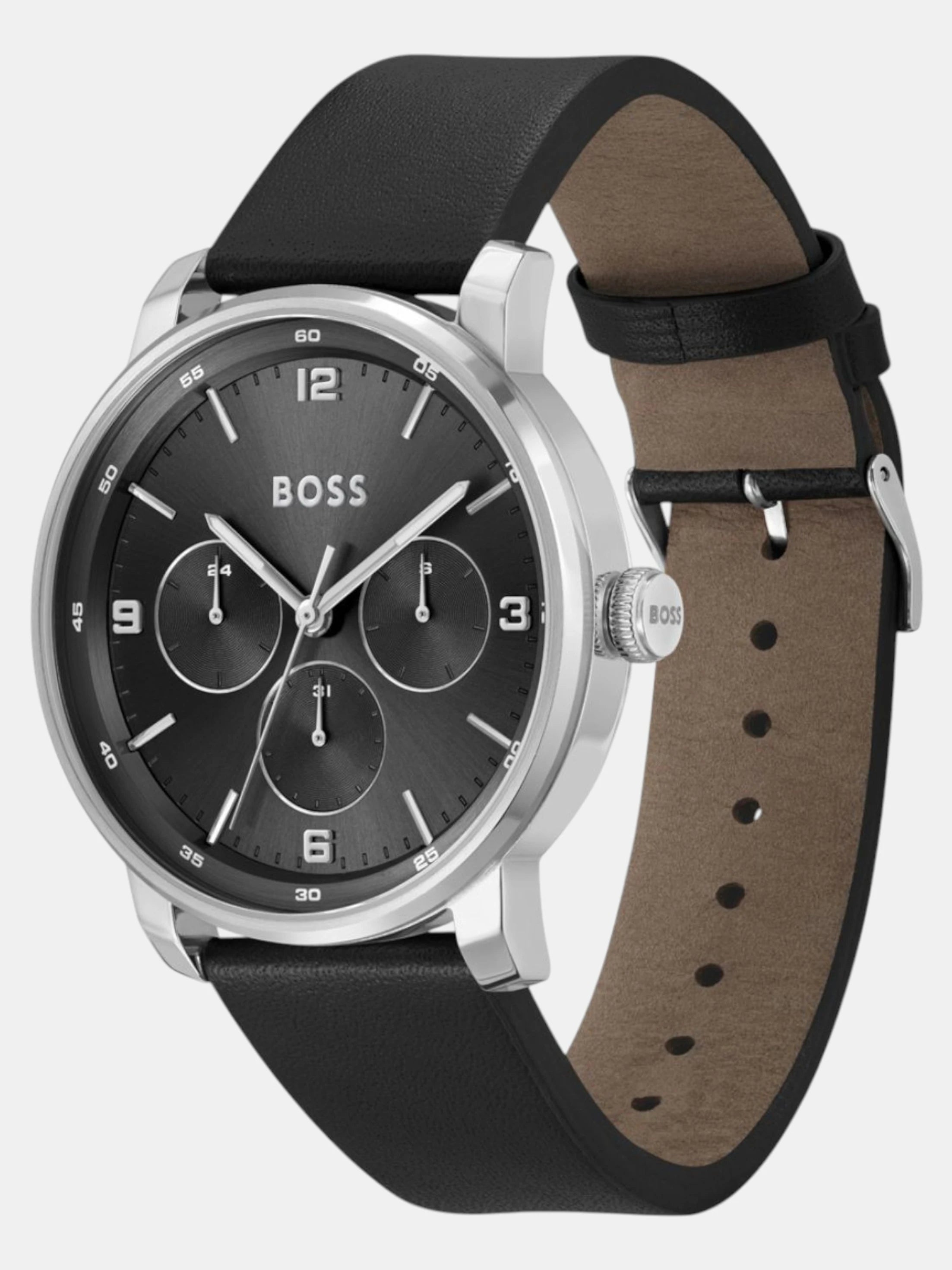 Boss 1514125 | Contender Men Quartz Black Dial Multi-Function Leather Watch.