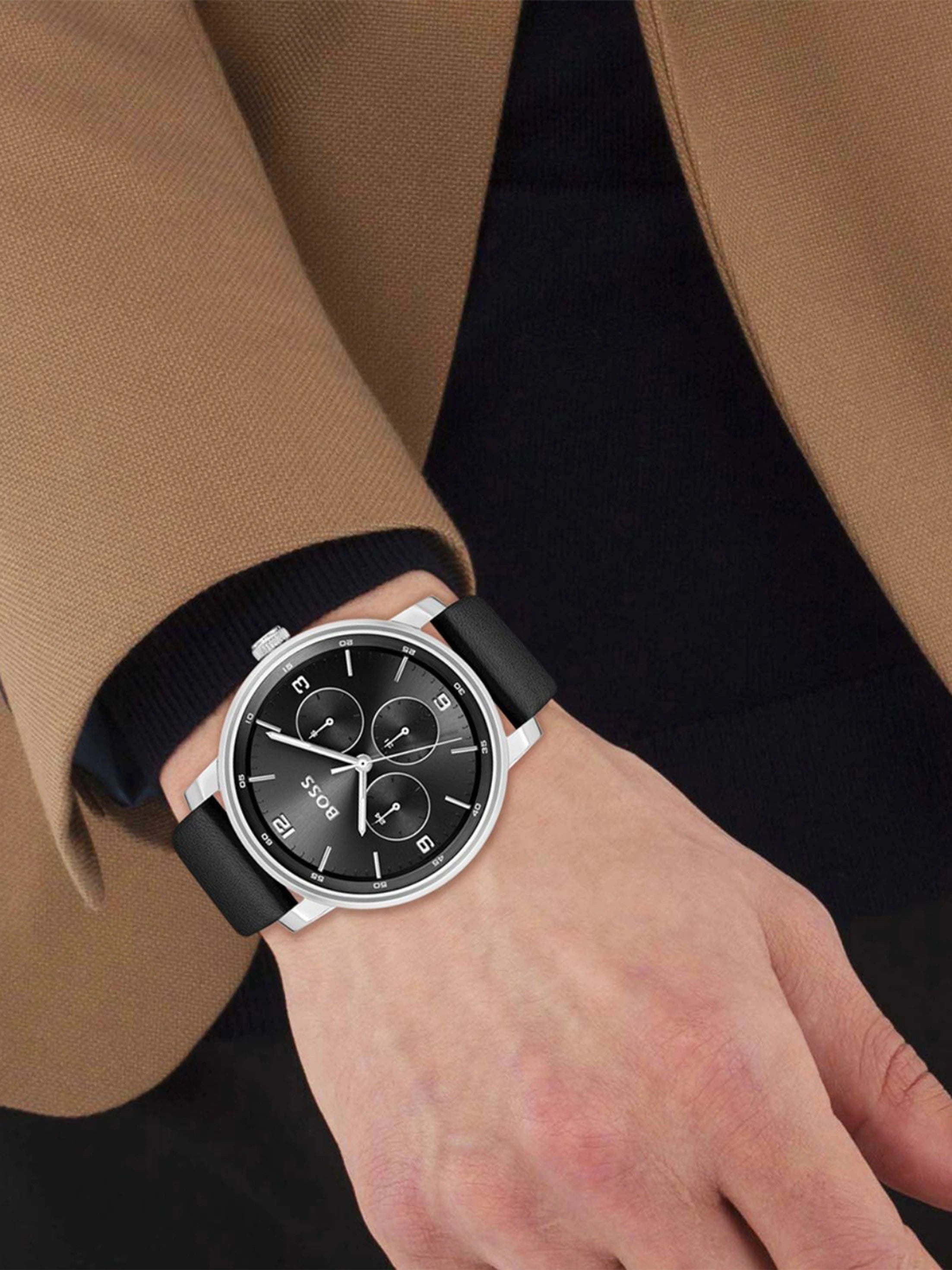 Boss 1514125 | Contender Men Quartz Black Dial Multi-Function Leather Watch.