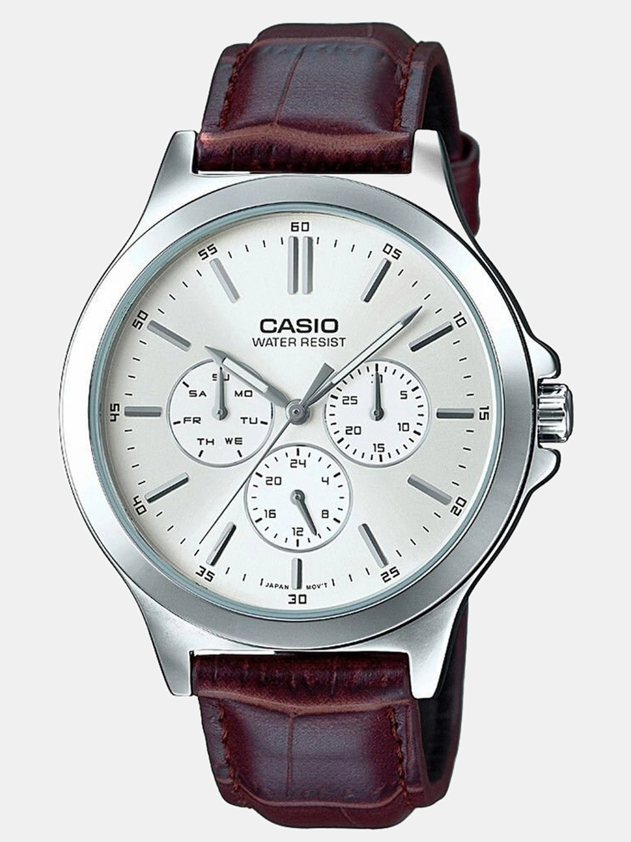 Casio A1177 | Enticer Men Quartz White Dial Multi-Function Leather Watch.
