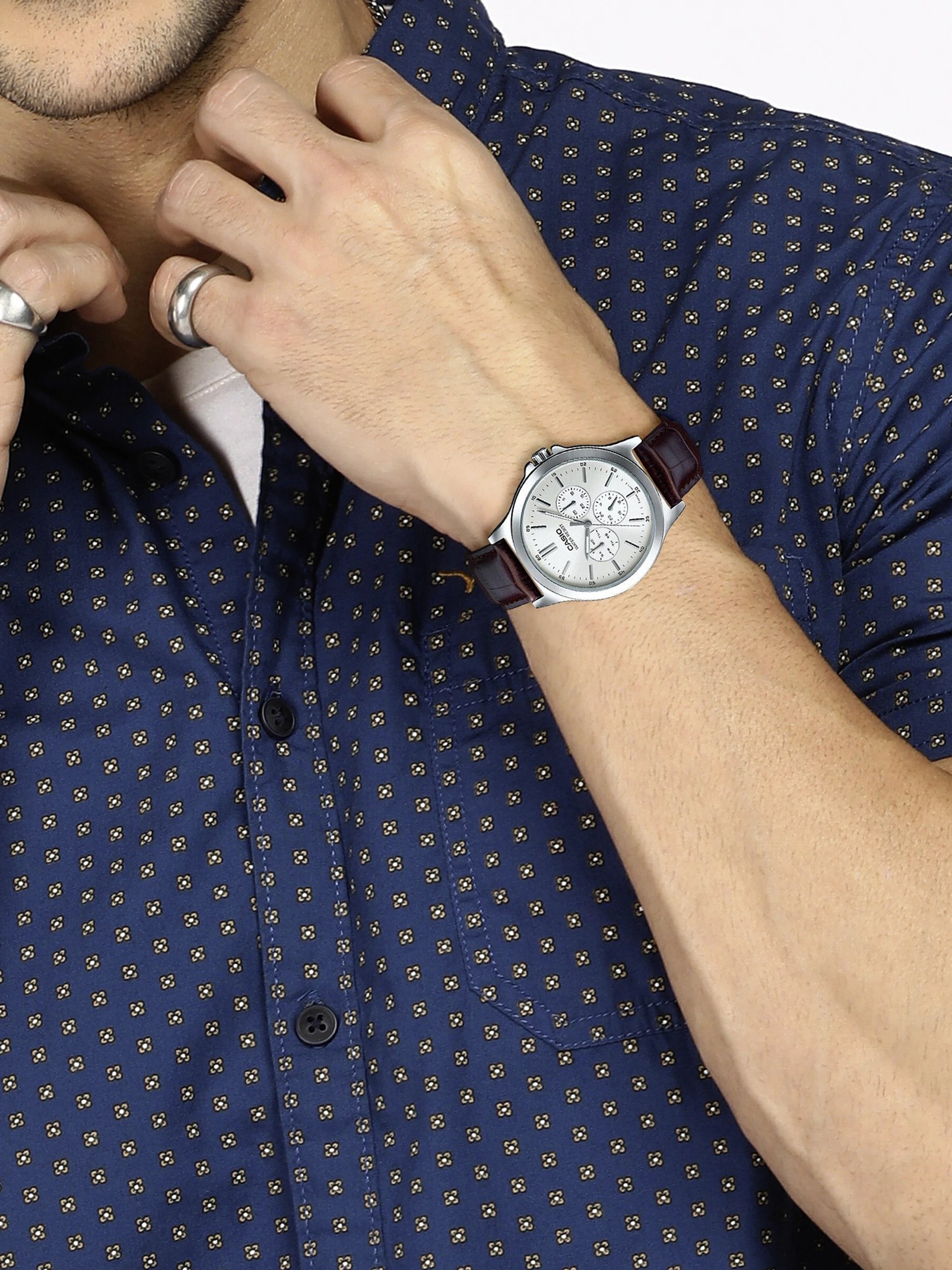 Casio A1177 | Enticer Men Quartz White Dial Multi-Function Leather Watch.