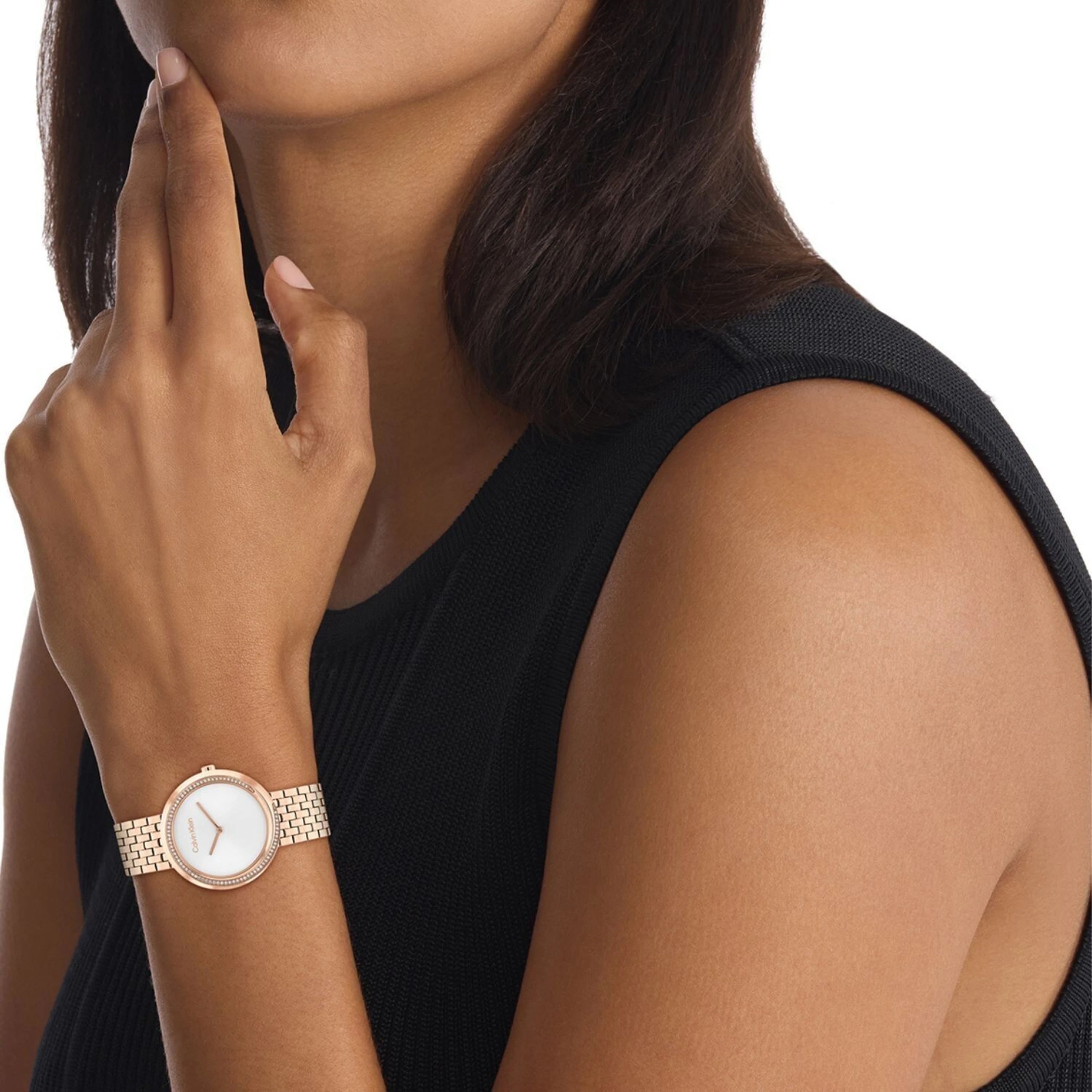 Calvin Kelin 25100038 | Twisted Bezel Women Quartz Silver Dial Analog Stainless Steel Watch