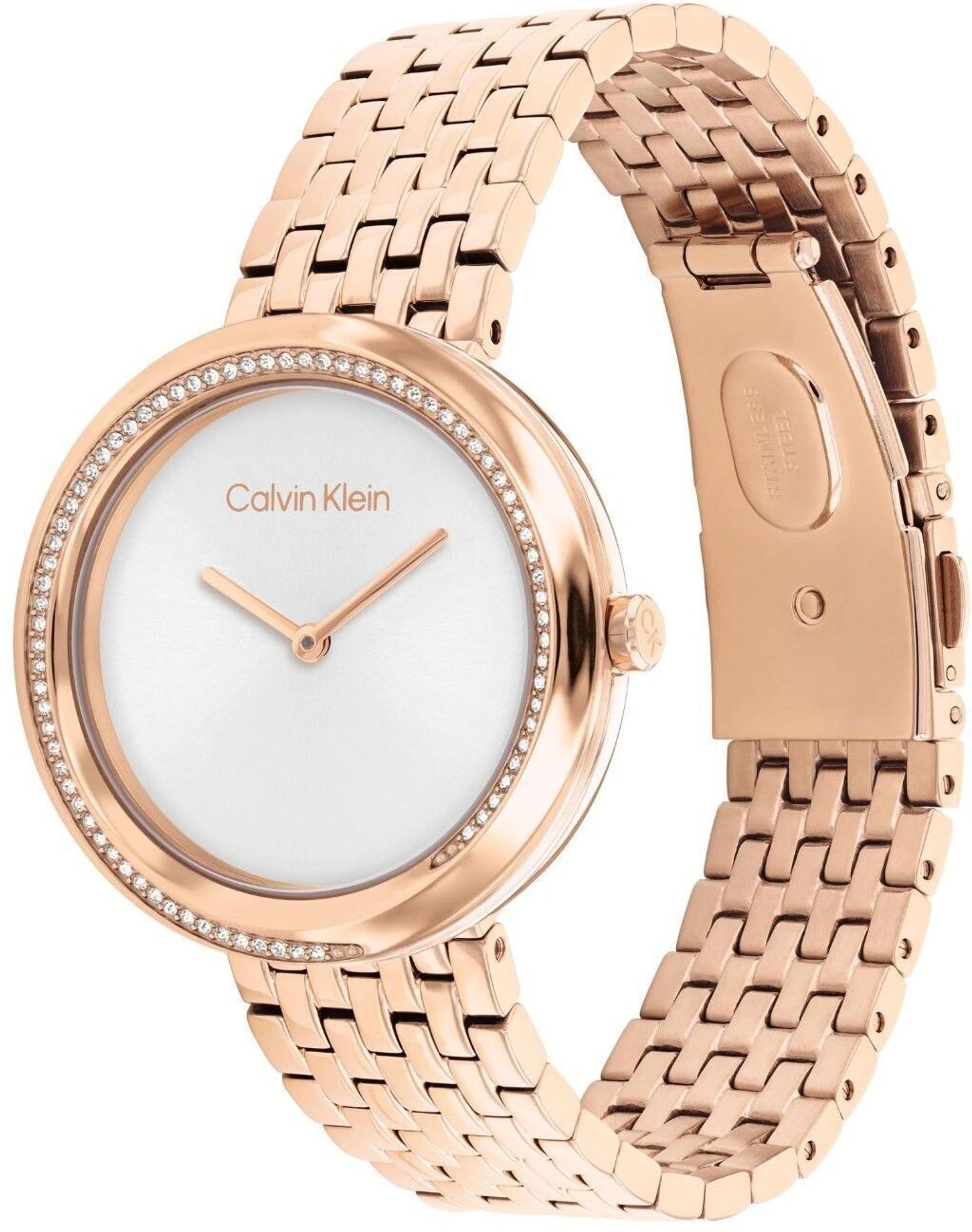 Calvin Kelin 25100038 | Twisted Bezel Women Quartz Silver Dial Analog Stainless Steel Watch