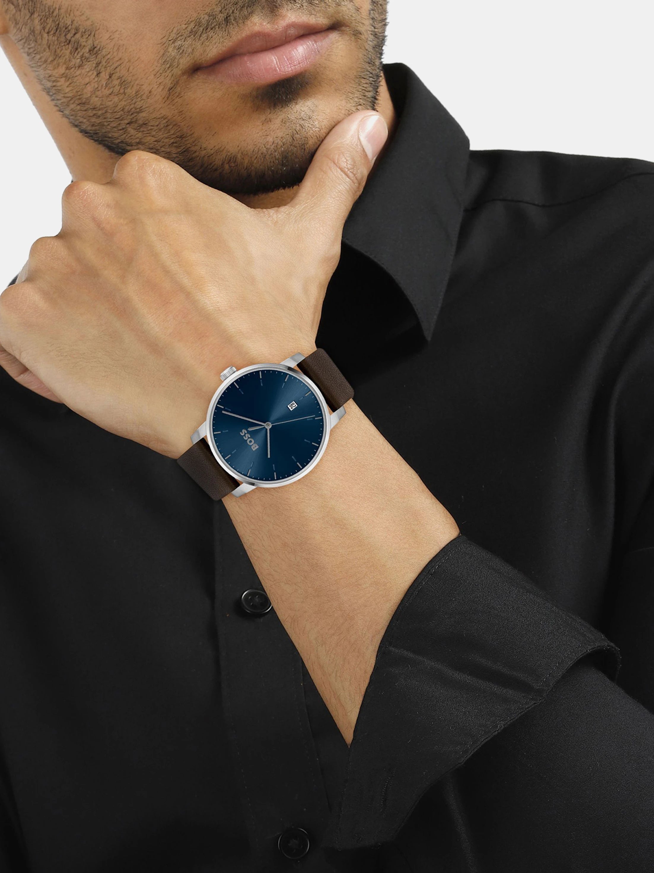 Boss 1514160 | Dean Men Quartz Blue Dial Analog Leather Watch.